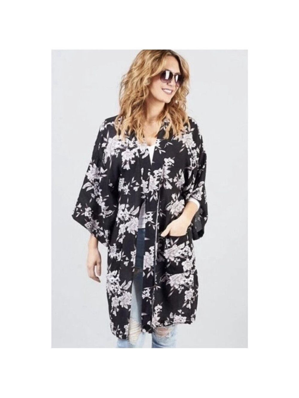 Spiritual Gangster Floral Kimono Duster Cardigan Cover Up One Size Black Ivory